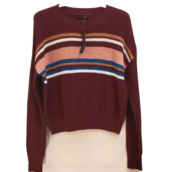 Ambiance Apparel‎ Striped Cropped Sweater Knit Pullover Burgundy S - Picture 1 of 6